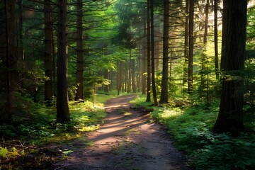 Serene Forest Path with Dappled Sunlight Filtering Through the Trees