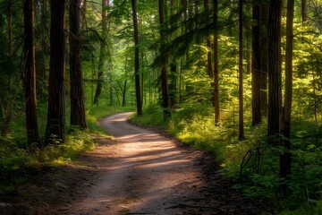 Fototapeta premium Serene Forest Path with Dappled Sunlight Filtering Through the Lush Greenery