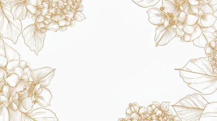Hydrangeas floral, luxury botanical on white background vector, empty space in the middle to leave room for text or logo, gold line wallpaper, leaves, flower, foliage, hand drawn