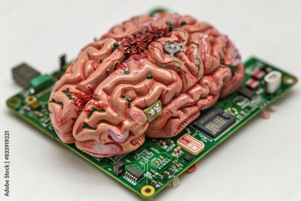 Aufkleber red brain on a green circuit board, symbolizing the seamless integration of biological and technolog