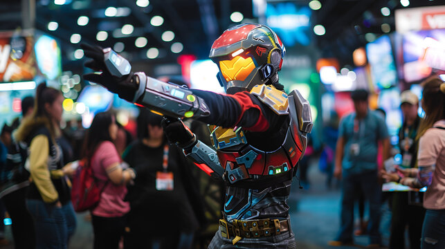 A cosplayer dressed as a popular game character, posing dynamically at a gaming convention. 
