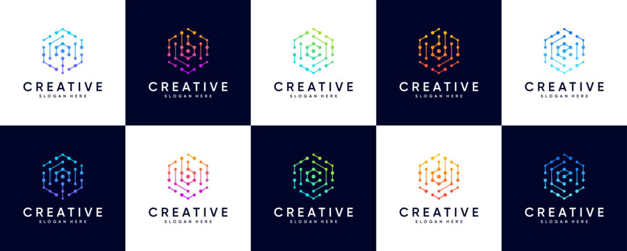 collection of tech logos with hexagon style and letter combination, modern abstract, creative logo design.