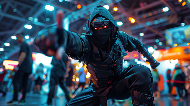 A cosplayer dressed as a popular game character, posing dynamically at a gaming convention. 