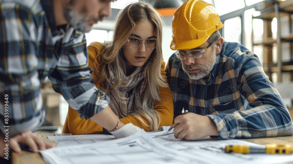 Fototapete Around the table, three engineer discussed construction plans, focusing on professional design drawings and project management. Generative AI.