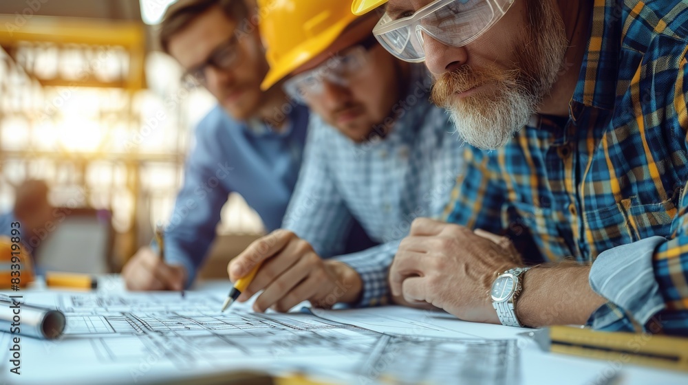 Aufkleber An engineer and three people were discussing construction plans around the table, focusing their attention on professional design drawings and the concept of project management. Generative AI.