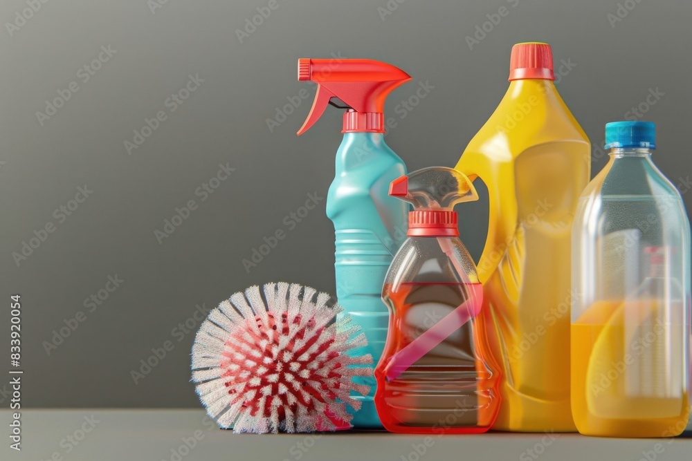 Poster A collection of cleaning products arranged neatly on a table