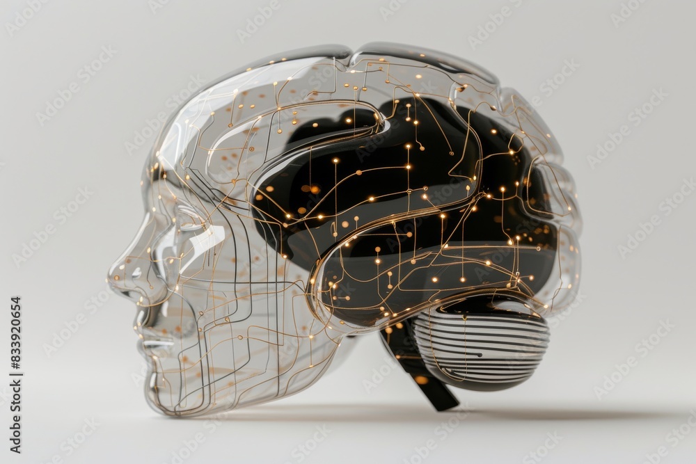 Poster transparent skull with black circuit brain, representing the clarity and transparency of advanced te
