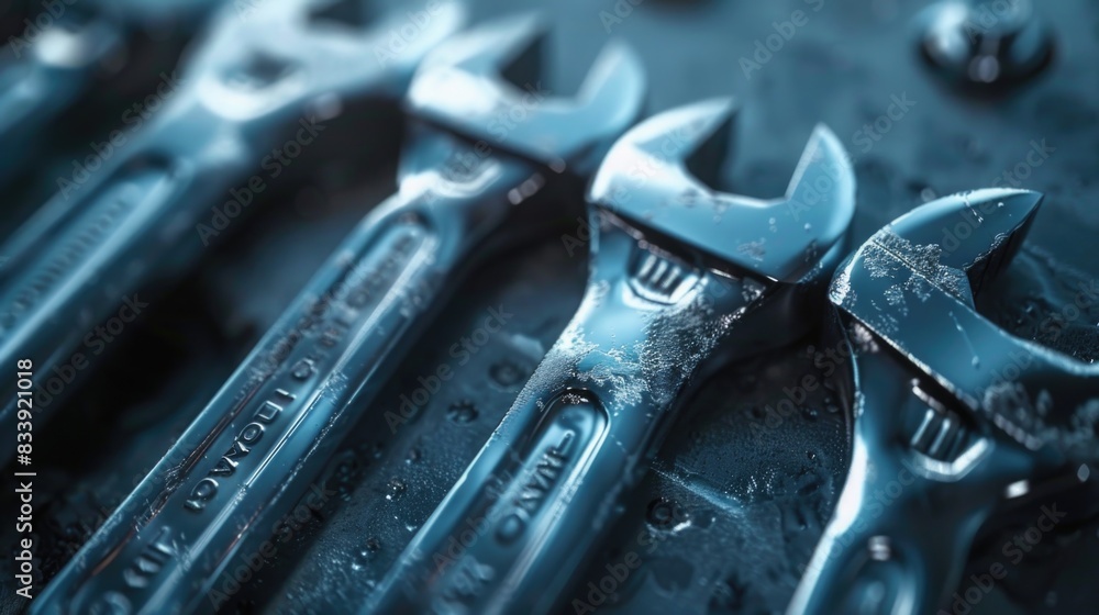 Poster A collection of wrenches sitting on a flat surface, ideal for use in various DIY projects or as part of a toolbox