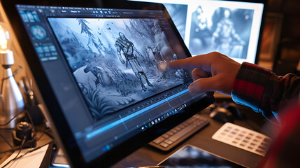 A game artist working on concept art for a video game, using a digital tablet, doing character design
