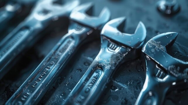 A collection of wrenches sitting on a flat surface, ideal for use in various DIY projects or as part of a toolbox