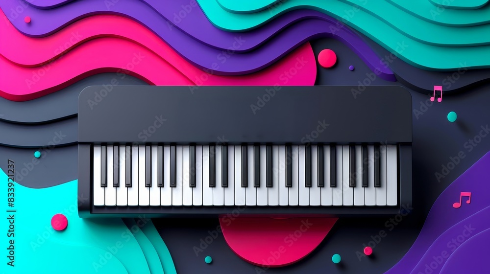 Aufkleber top view of an electronic keyboard on a vibrant, colorful background with abstract wave patterns and