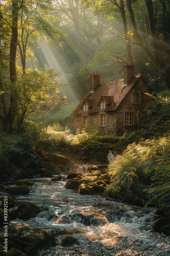 Poster cozy cottage surrounded by trees and a gentle stream