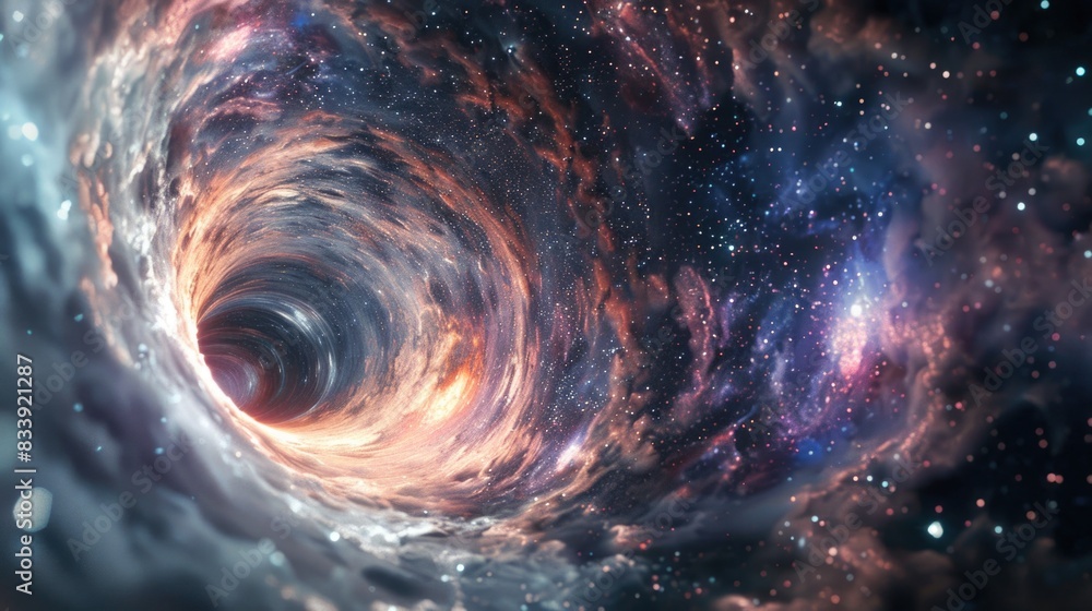 Poster a deep space image showing a black hole at the center of a galaxy, surrounded by stars and gas