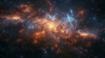Naklejka premium An ethereal portrayal of the center of a galaxy, dense twinkling stars, vibrant and colorful nebula, swirling cosmic dust, soft glow, high contrast, hd quality.