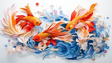 Obraz premium Three vibrant, orange and red goldfish swim in a dynamic, artistic splash of blue and white waves, creating an eye-catching visual.