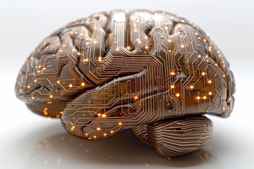 Fototapeta premium Golden circuit brain with glowing connections, depicting the advanced fusion of technology and human cognition.