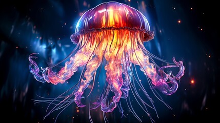 Obraz premium Vibrant bioluminescent jellyfish glowing in deep ocean waters, with neon colors illuminating its translucent tentacles and dome.