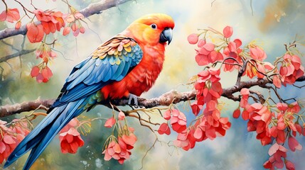 Fototapeta premium Vibrant parrot perched on a branch with red blossoms, radiating colorful feathers and a vivid natural background.