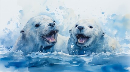 Playful polar bears splashing joyfully in icy blue water, creating a delightful, heartwarming scene amidst the cold Arctic environment.