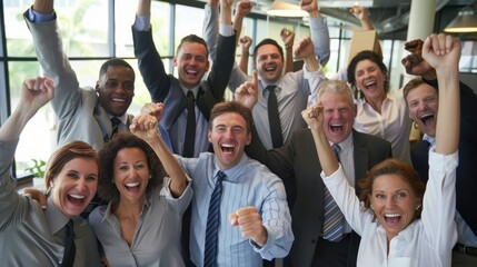 Happy Diverse Business Team Celebrating Success in Modern Office Environment