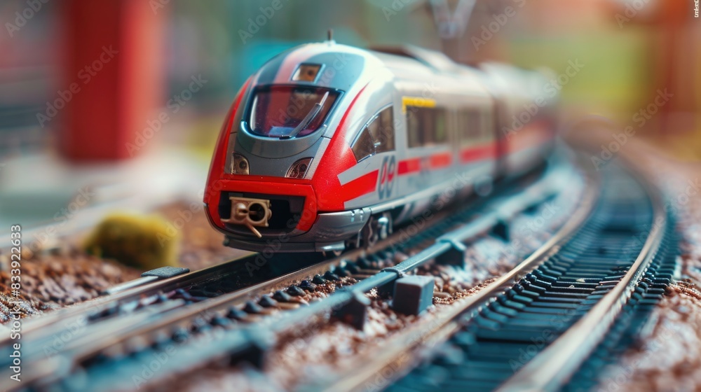 Poster image of a train with red and silver colors traveling down train tracks, suitable for use in travel 