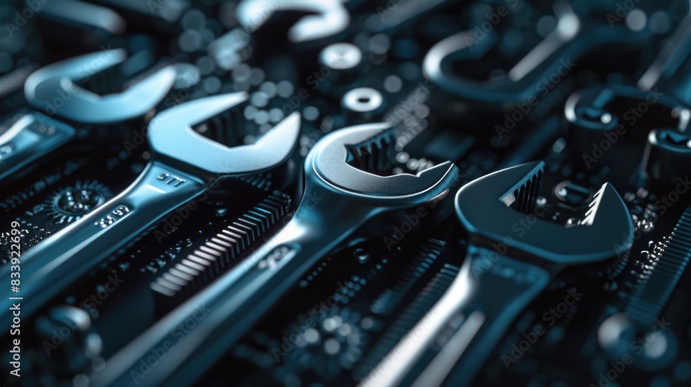 Poster wrenches placed on top of a computer motherboard, great for technical and repair-themed projects
