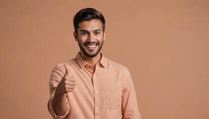 Obraz premium A smiling man in a casual shirt gives a thumbs-up. The image exudes positivity and approval.