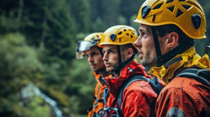 Obraz premium Dedicated Team of Rescue Workers Strategizing and Equipping for Mission to Save Lives