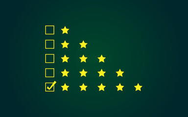 Yellow stars rating vector image, Feedback evaluation in flat design, five start rating with check box