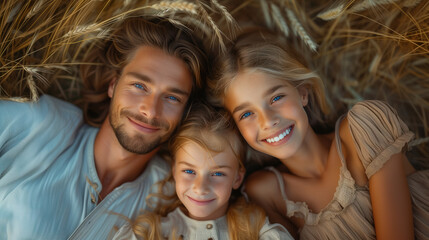 Fototapeta premium Portrait of happy family - father and two daughters lie in a wheat field, top view