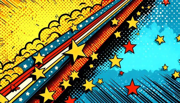 bursts with dynamic energy, featuring a diagonal composition of comic-style stripes and stars in a vibrant palette of yellow, blue, and red