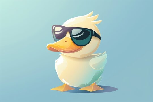 A smiling cartoon duck wears trendy sunglasses on a bright blue background