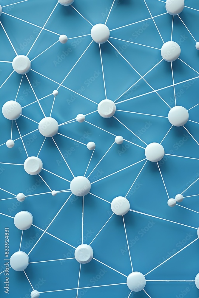 Aufkleber a blue background with white lines connecting round pills in an interconnected network pattern, symb
