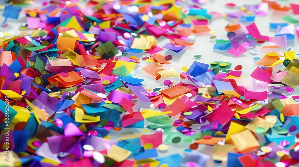 Poster a vibrant display of colorful confetti scattered across a transparent background, capturing a festiv