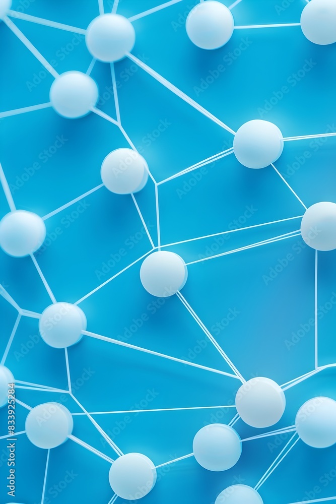 Poster a blue background with many white lines connecting small round pills in the center of each line, cre