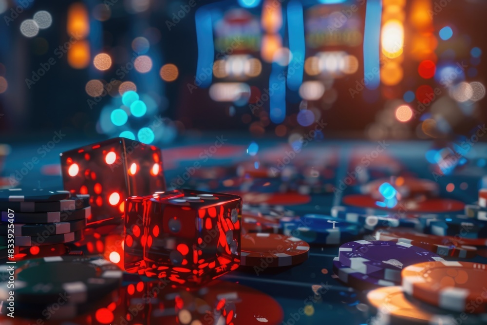 Poster A group of dices stacked on a tabletop, ready for game play or counting scores