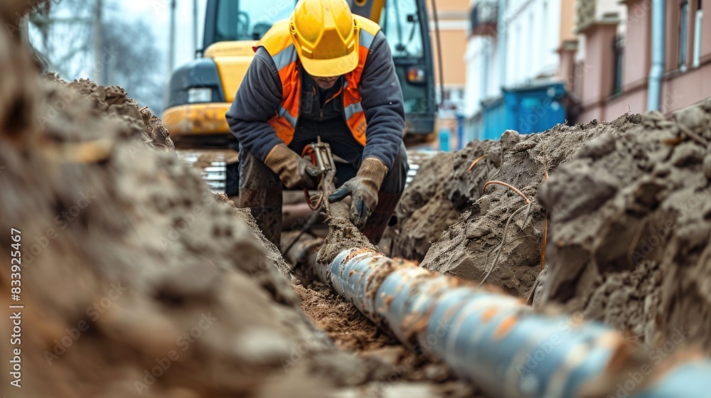 Poster a construction worker inspects and works on a pipe in a industrial setting