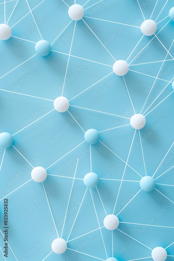 Poster a blue background with many white lines connecting small round pills in the center of each line, cre