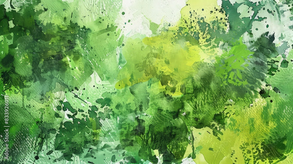 Poster a vibrant display of various green watercolors splashed across a canvas, creating an abstract repres