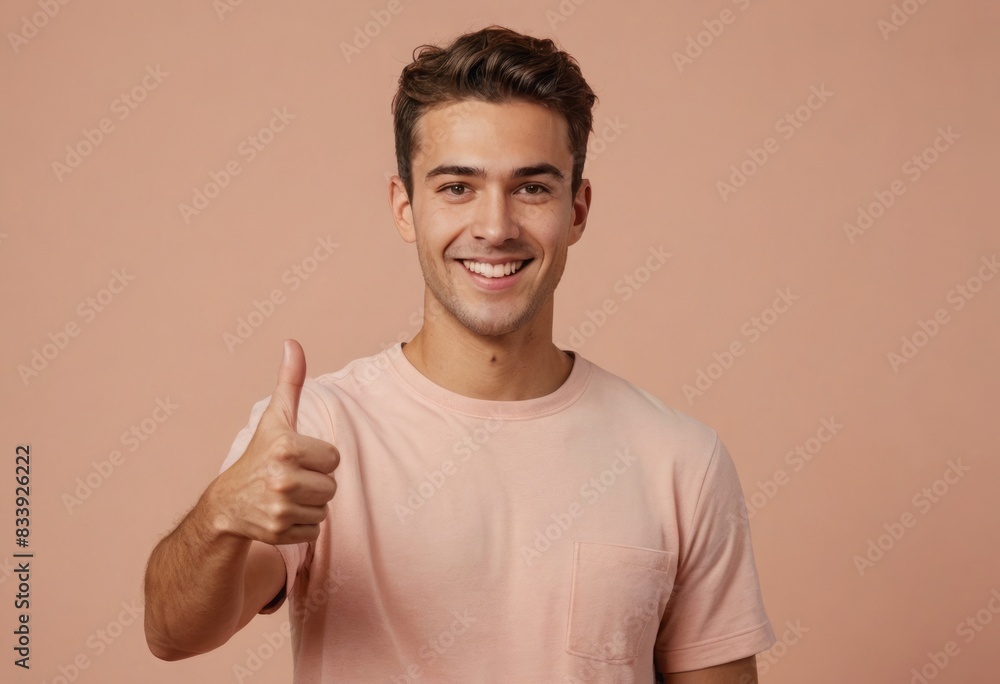 Canvas Prints A smiling man in a pink tee shows a positive thumb up. His warm presence is highlighted by the peach-colored backdrop.