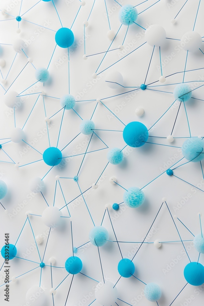 Poster a flat lay of blue pills connected in a intricate network on a light background by white lines formi