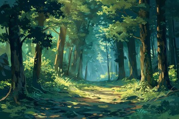 Fototapeta premium Anime cartoon-style woodland forest background, AI-generated