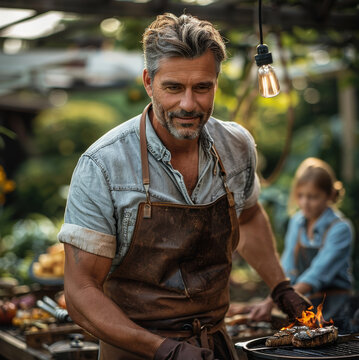 A middle aged man, good looking, making barbecue in his garden, with his family, dressed casual with a brown leather apron. Generative AI.