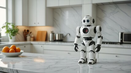 Fototapeta premium A Toy Robot with a Minimalist Design, White with Black Accents, Standing on a Marble Countertop in a Modern Kitchen, Photographed in Hyperrealistic Cinematic Style