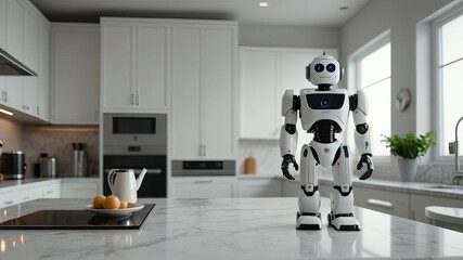 A Toy Robot with a Minimalist Design, White with Black Accents, Standing on a Marble Countertop in a Modern Kitchen, Photographed in Hyperrealistic Cinematic Style