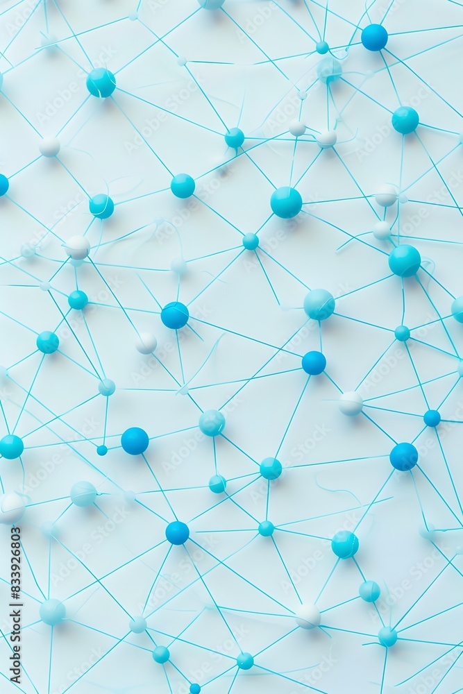 Poster a flat lay of blue pills connected in a intricate network on a light background by white lines formi