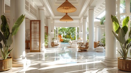Fototapeta premium A white tropical spacious villa entrance foyer with a touch of colorful shading parasols and rattan classical furniture. Generative AI.