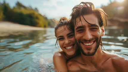 Fototapeta premium Pareja joven divirtiéndose en el mar