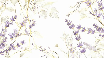 Lavender floral, luxury botanical on white background vector, empty space in the middle to leave room for text or logo, gold line wallpaper, leaves, flower, foliage, hand drawn