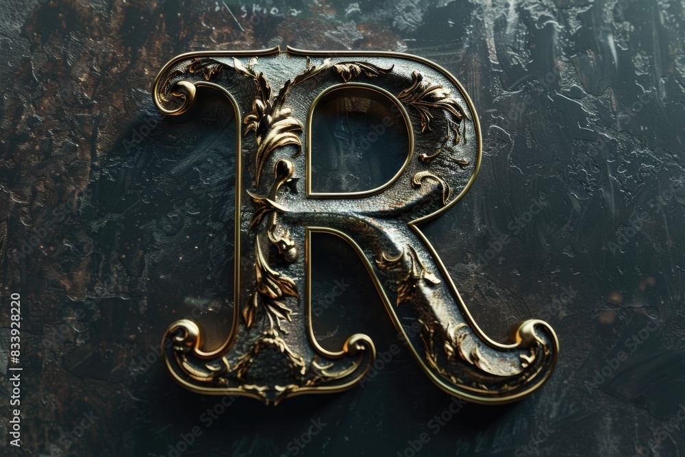 Poster a detailed view of the uppercase letter r on a metallic surface, ideal for use in branding or design